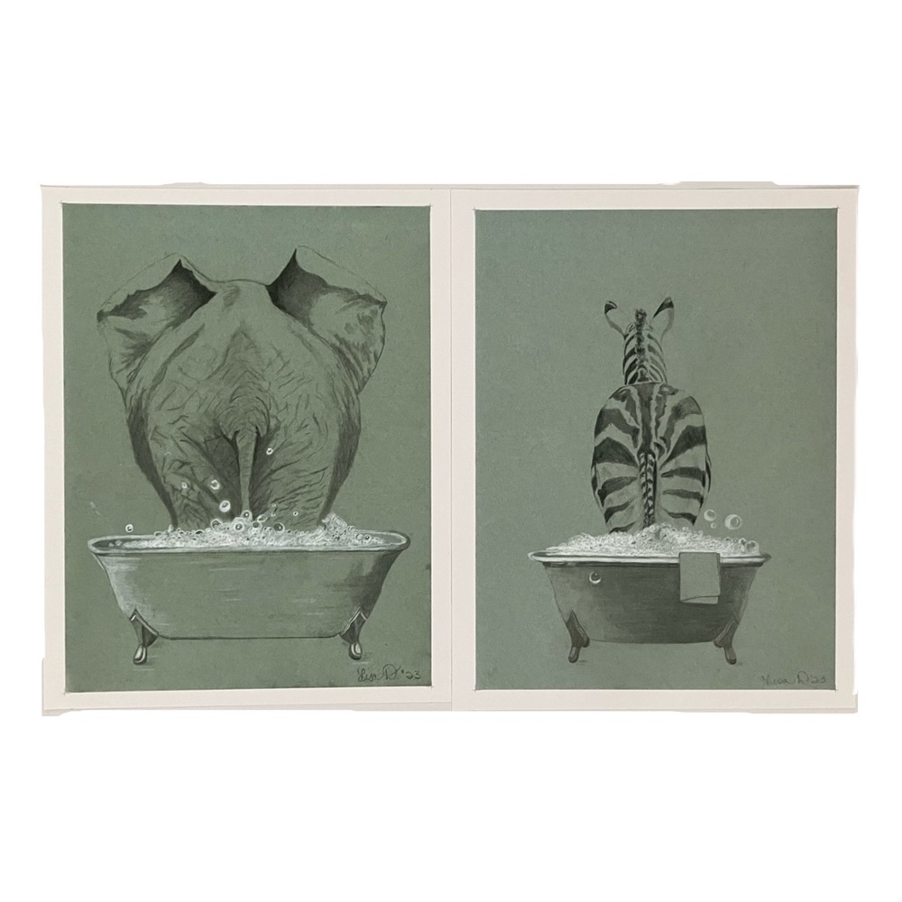 Elephant and Zebra Bathtub Art Prints 10”x12 3/4” Each Print Set of 2